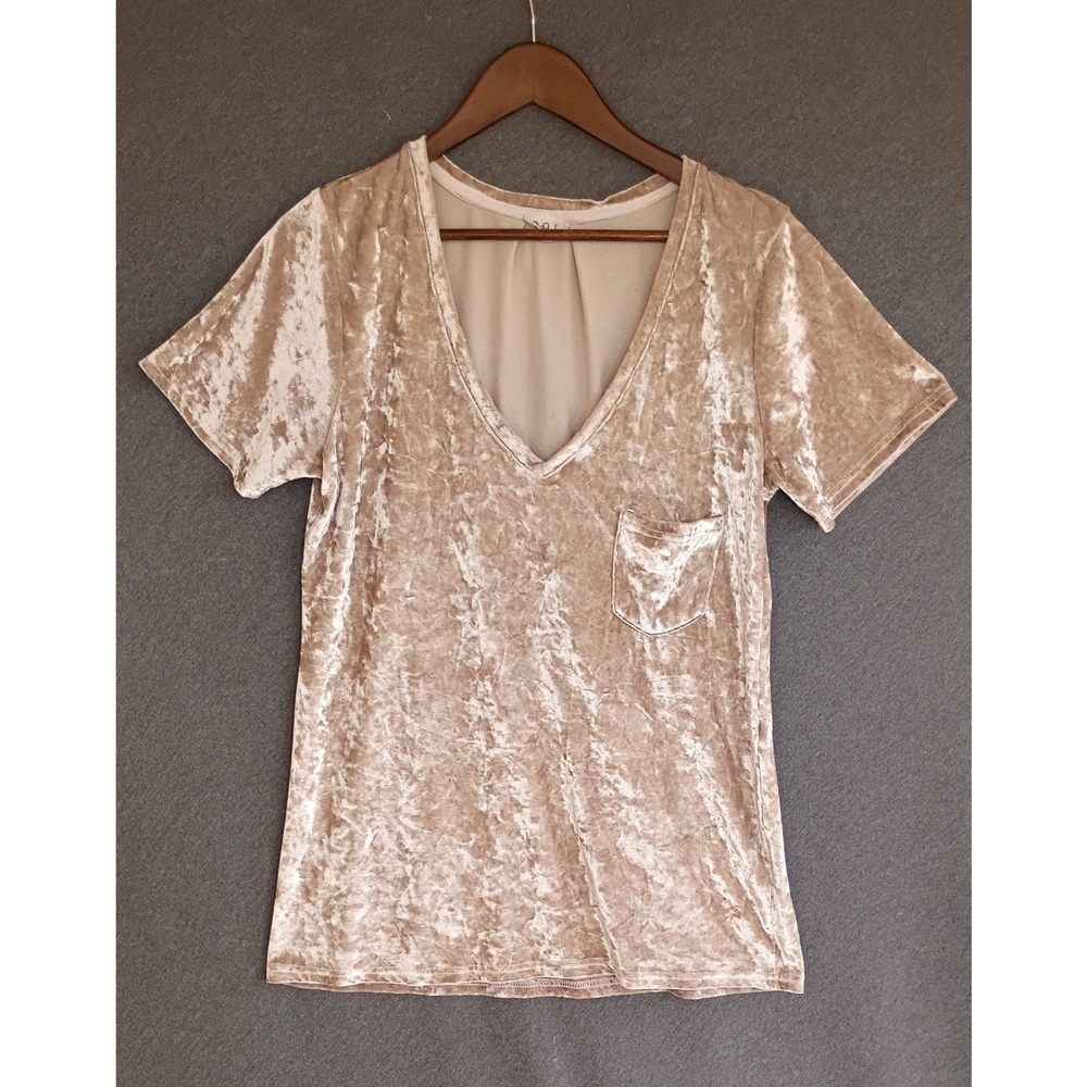 POL Women Light Pink Crushed Velvet V-Neck Pocket Tee Short Sleeve Top Size M